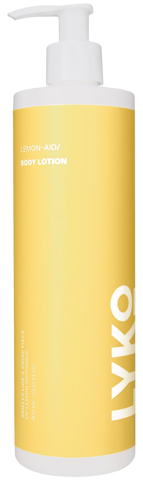 Een gele en witte fles met pomp, gelabeld als citroen- en zuurgerelateerde lichaamslotion, IYKO.