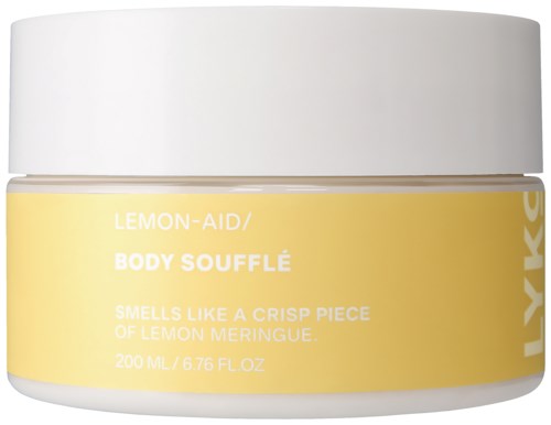 Een gele en witte pot met body soufflé met citrussmaak van KYK. Het ruikt fris en citrusachtig.