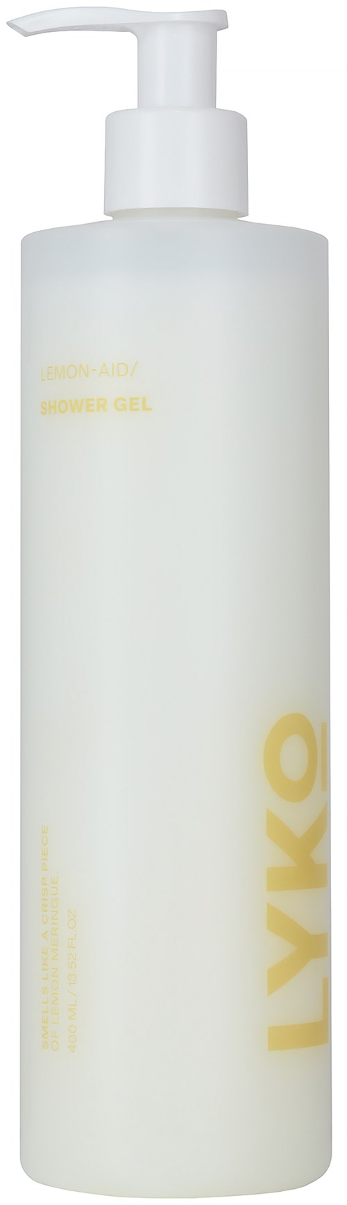 Een witte fles met een pomp gemerkt LYKO, waarschijnlijk een douchegel of body wash.