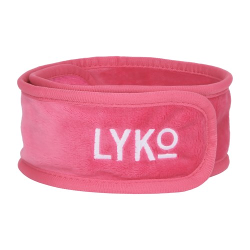 A pink soft fabric headband with the word LYKO written in white text.