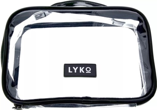 Kleine Tasche mit transparentem Vorderteil und schwarzen Seiten, mit "LYKO" Logo auf der Vorderseite.