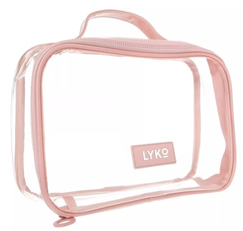 A pink transparent travel bag with a handle and zipper, showing the word "LYKO" on a label inside.
