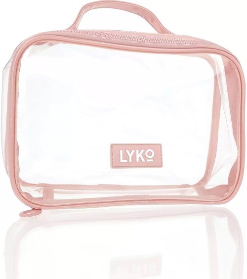 A transparent pink bag with a handle, zipper, and a label that says 'LYKO'.