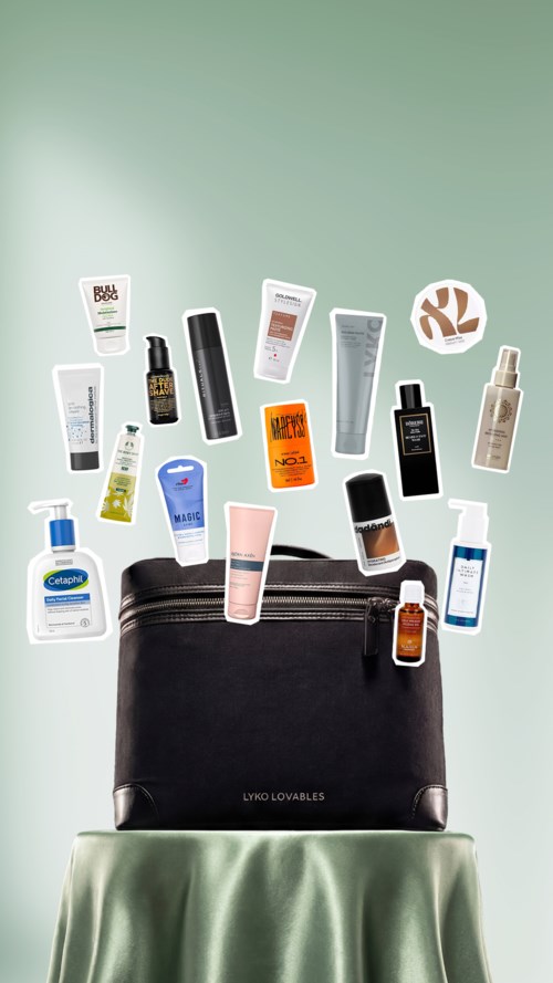 Viele Hautpflegeprodukte und Proben kommen aus einer schwarzen Tasche.