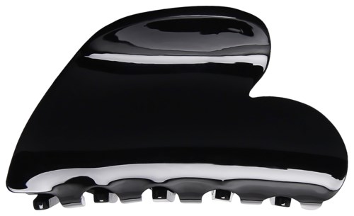 A shiny black hair clip with a sleek, curved design and small teeth at the base.