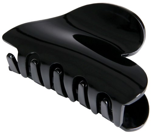A black hair clip with a curved, open design and multiple teeth to hold hair.