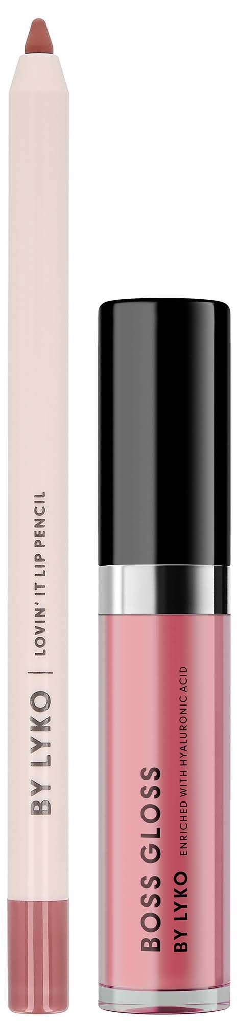 Een lipgloss en een lipliner in roze tinten, rechtopstaand.