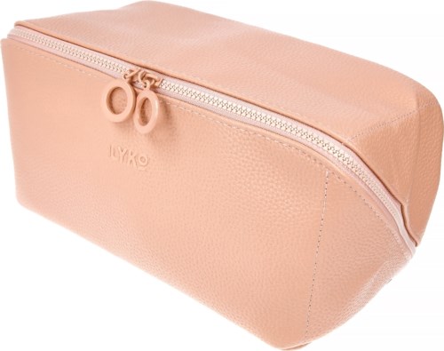 Eine rosa Federmäppchen mit Reißverschluss und zwei runden Reißverschlussösen, aus strukturiertem Material.