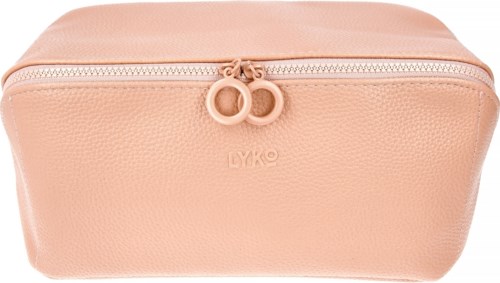 Ein weiches rosa Make-up-Set mit Reißverschluss und runden Griffen, mit "LYKO"-Aufdruck.