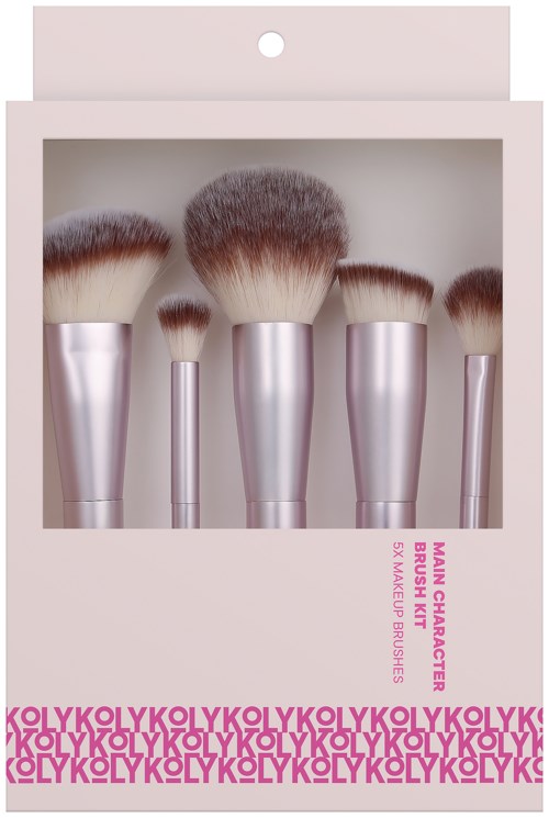 Set of five makeup brushes with silver handles in a pink and white box.