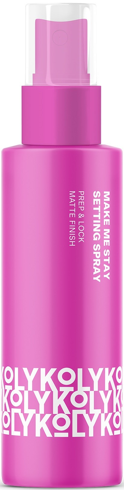 Eine rosa Sprühflasche mit der Aufschrift Make It Stay mit Worten über Make-up-Fixierung und mattes Finish.