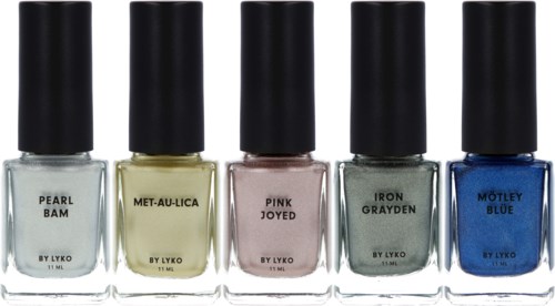 Fem nagellackflaskor i olika färger: ljusgrön, gul, rosa, grå och blå.