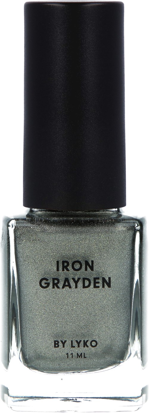En liten, genomskinlig nagellackflaska märkt 'IRON GRAYDEN BY LYKO' med svart kork.