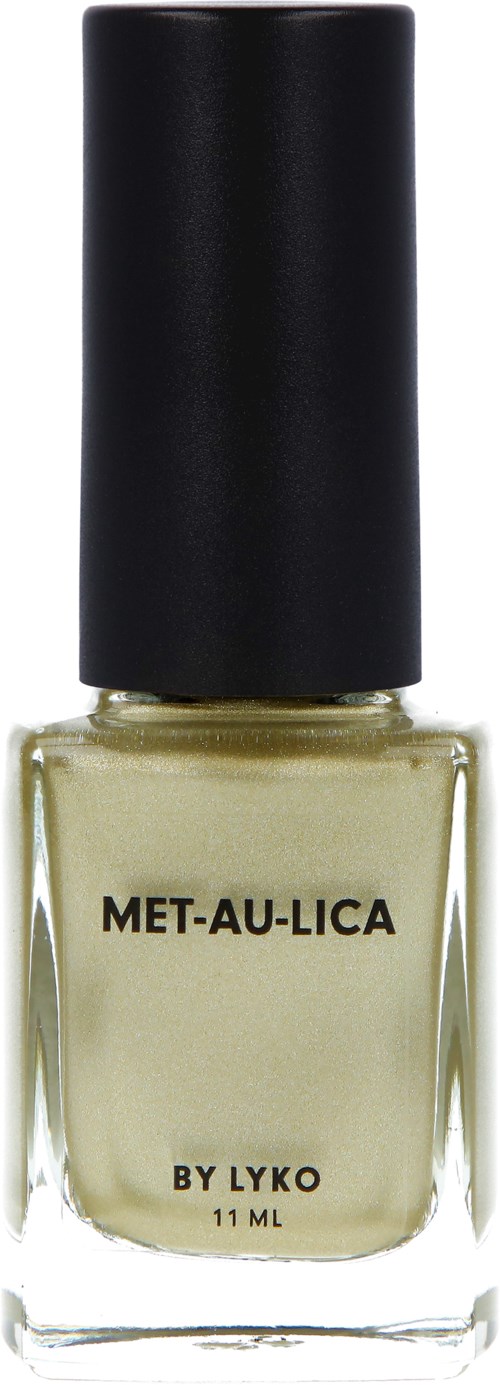 En liten flaska nagellack märkt MET-AU-LICA av LYK0, med svart lock och ljusgult-grön nyans.