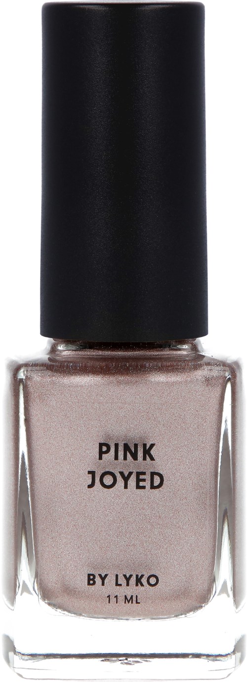 En liten glasflaska med rosa nagellack och svart kork, märkt 'Pink Joyed by Lyko, 11 ML.'