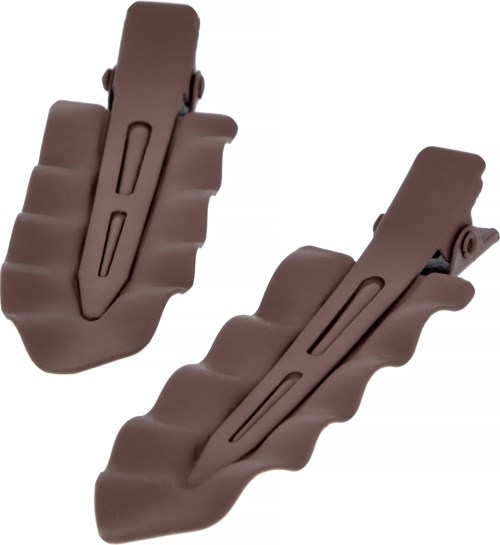 Two brown plastic clips with a ridged design and a sliding mechanism for attachment.