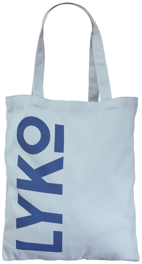 A light blue tote bag with large dark blue letters spelling LYKO.