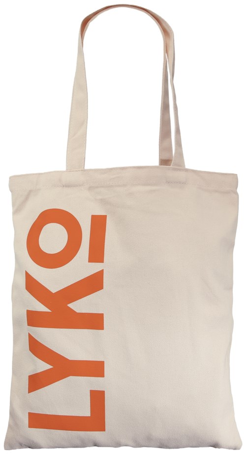 A white tote bag with orange text that says 'LYKO' printed vertically.
