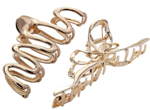 Two shiny gold hair clips with wavy and split designs. One has a zigzag shape, the other a straight look.