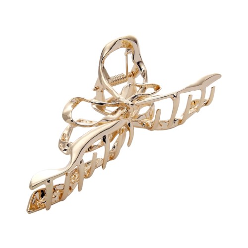 A shiny gold hair clip with a butterfly design. It has a movable clasp and decorative wings.