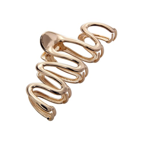 A shiny, gold-colored, spiral-shaped object with a smooth surface and open loops.