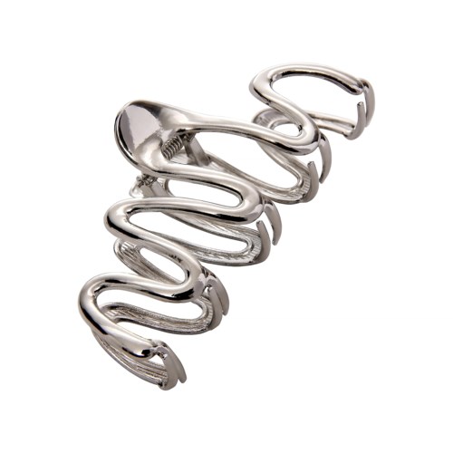 A shiny metal hair clip with a wavy design and a small clamp at one end.
