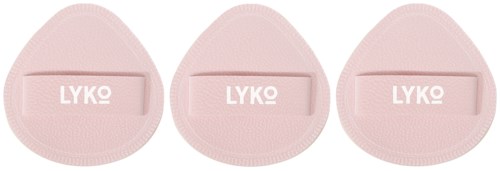 Three pink makeup sponges labeled 'LYKO'. They are egg-shaped and set side by side.