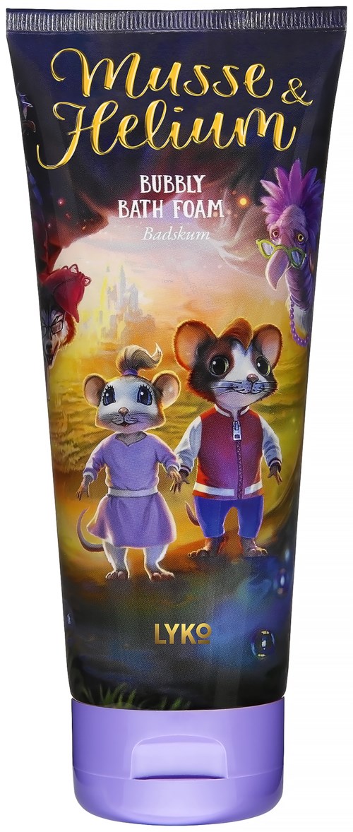 A colorful tube of bath foam features animated animal characters, a castle, and vibrant scenery with purple, blue, and pink colors.