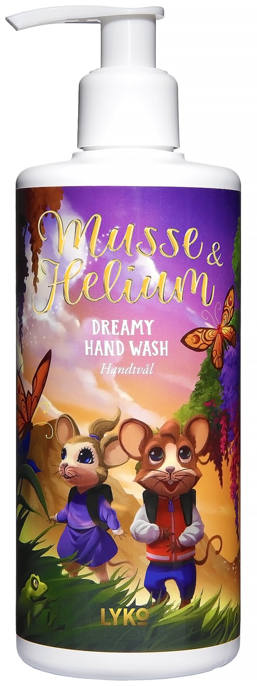 A hand soap bottle with colorful cartoon animals and nature scene, labeled "Musse & Helium Dreamy Hand Wash."