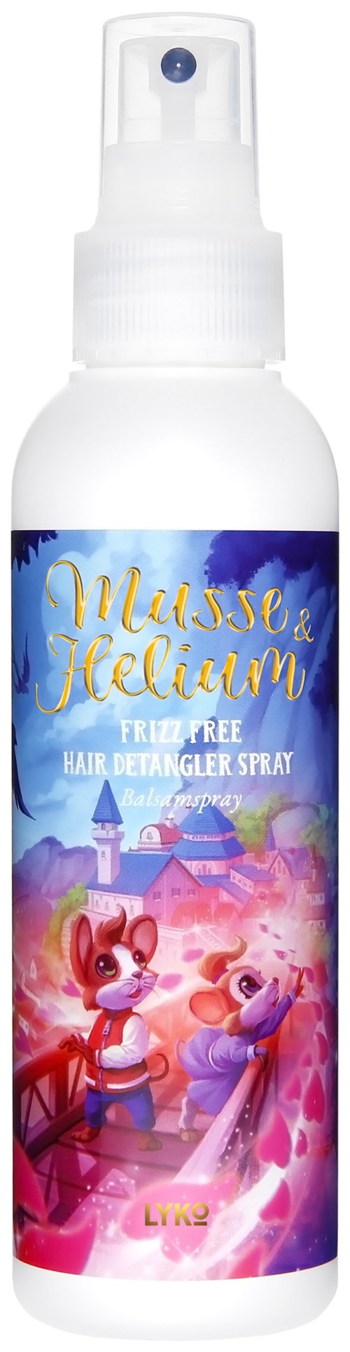 A white spray bottle with a colorful label featuring animated characters and a castle design.