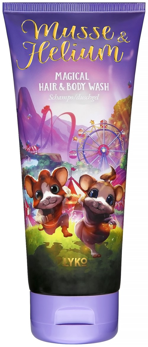 Colorful tube with cartoon animals, a ferris wheel, and a magical theme for hair and body wash.