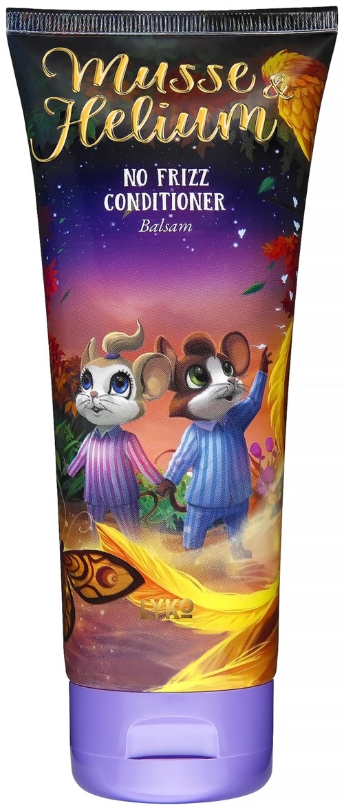 Colorful tube of no frizz conditioner with animated animal characters, trees, and a starry sky background.