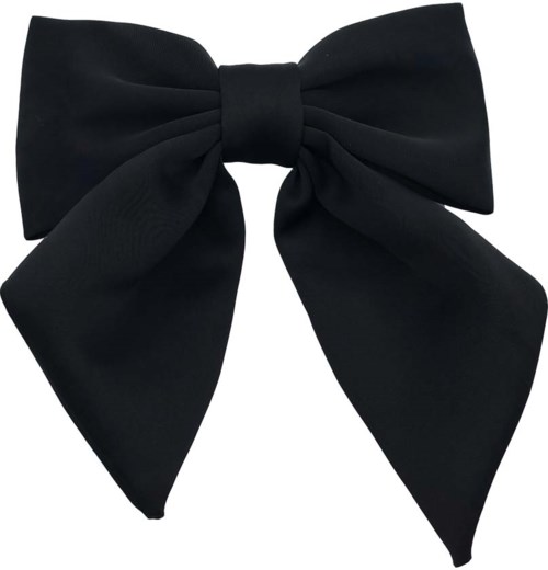 A large, black fabric bow with two big loops and long tails, tied neatly in the center.