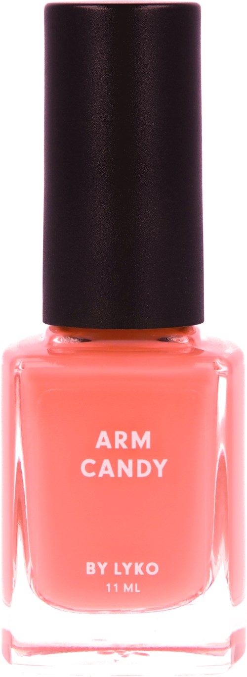 A peach-colored nail polish bottle with a black cap. It says ARM CANDY BY LYKO and 11ML.