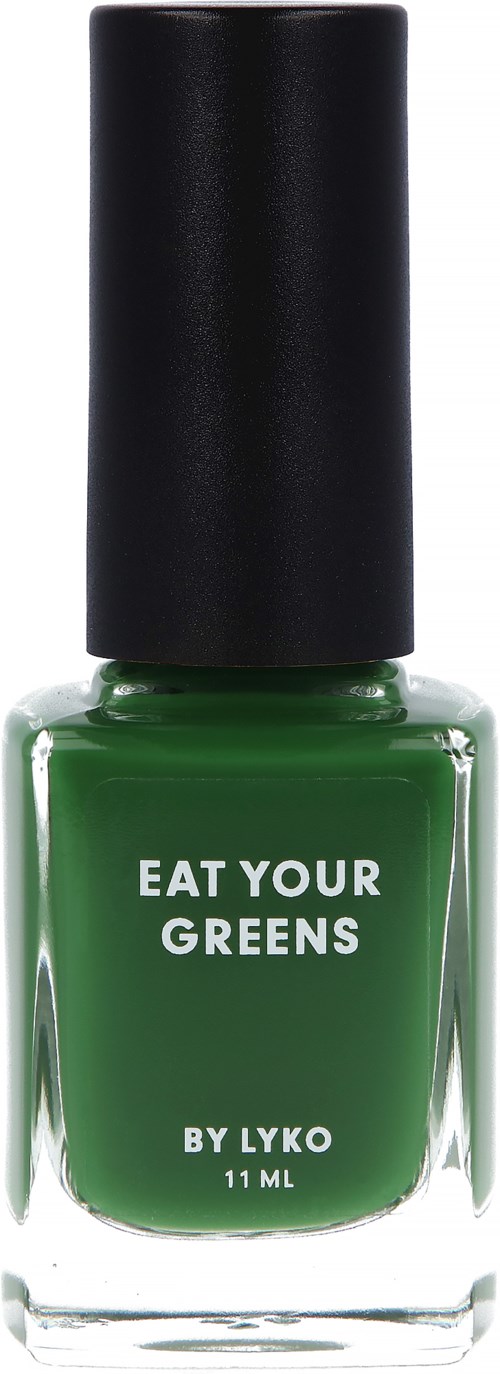 Groene nagellak in een doorzichtige fles met zwarte dop, gelabeld "Eat Your Greens by Lyko" en 11 ml.