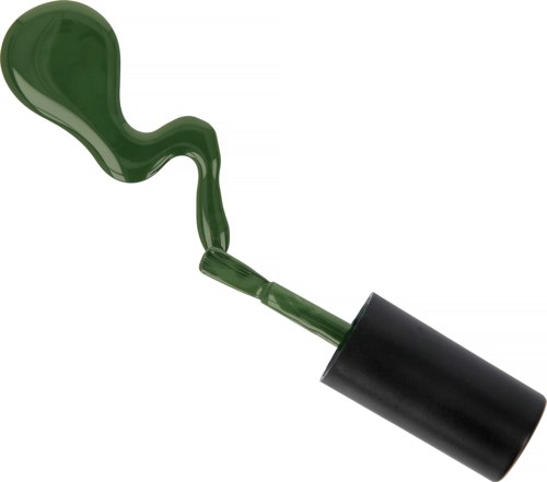 Een groene verfroller met zwarte handgreep, gebruikt om verf gelijkmatig aan te brengen.