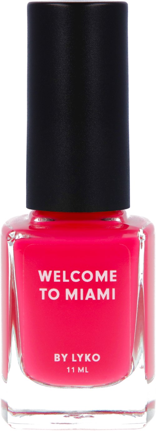 A bright pink nail polish bottle with a black cap, labeled 'Welcome to Miami by Lyko, 11 ml.'