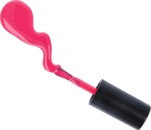 A bottle of pink nail polish with the brush outside, showing the nail polish being applied.