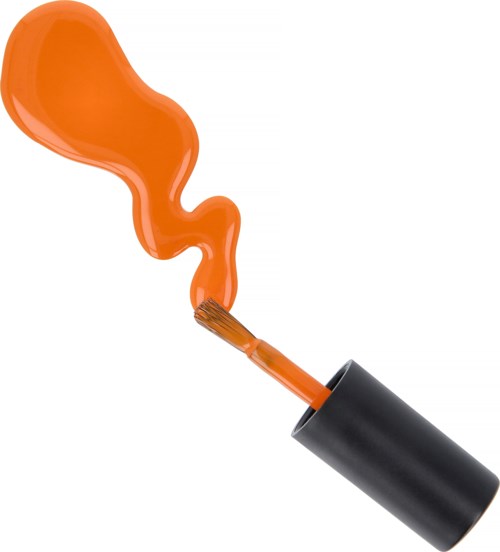 En läppstiftsapplikator med orange läppstift som appliceras, formar en kurvad form.