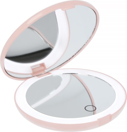 Een lichtroze make-upcompact met spiegel en een klein cirkelvormig gedeelte, mogelijk voor make-up of poeder.
