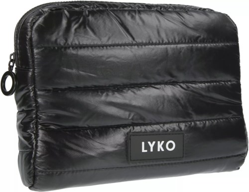 Eine schwarze, gestepptes Tasche mit dem Wort LYKO, aus glänzendem Material, und einem Reißverschluss oben.