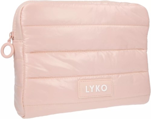 Eine weiche rosafarbene Tasche mit dem Markennamen LYKO, gesteppptem Design und Reißverschluss.