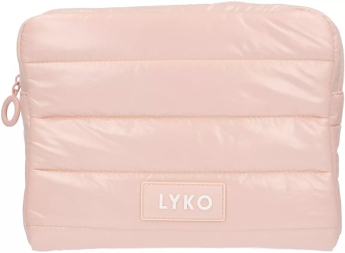 Eine weiche rosa gepolsterte Tasche mit Reißverschluss und LYKO-Label.