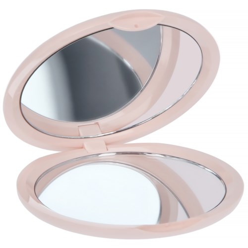 Een roze handspiegel met een kleine ronde spiegel binnen en een grotere spiegel op de deksel.