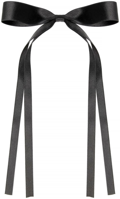 A black satin ribbon tied into a bow with long hanging tails.