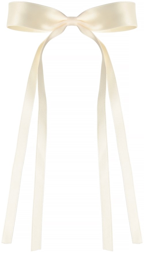 White ribbon tied in a bow with long tails hanging down.
