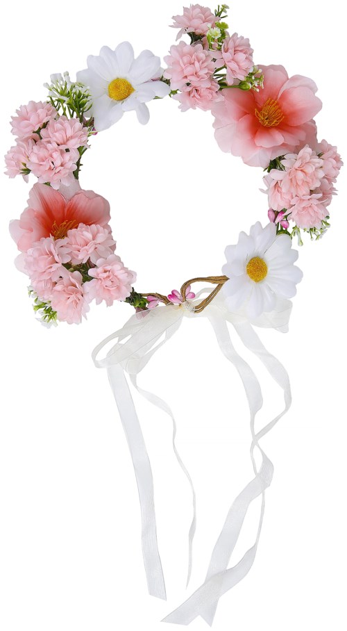 A flower crown with pink and white flowers, tied with white ribbons.