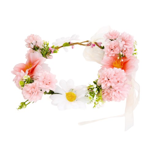 A floral wreath made of pink and white flowers with green leaves and a white ribbon.