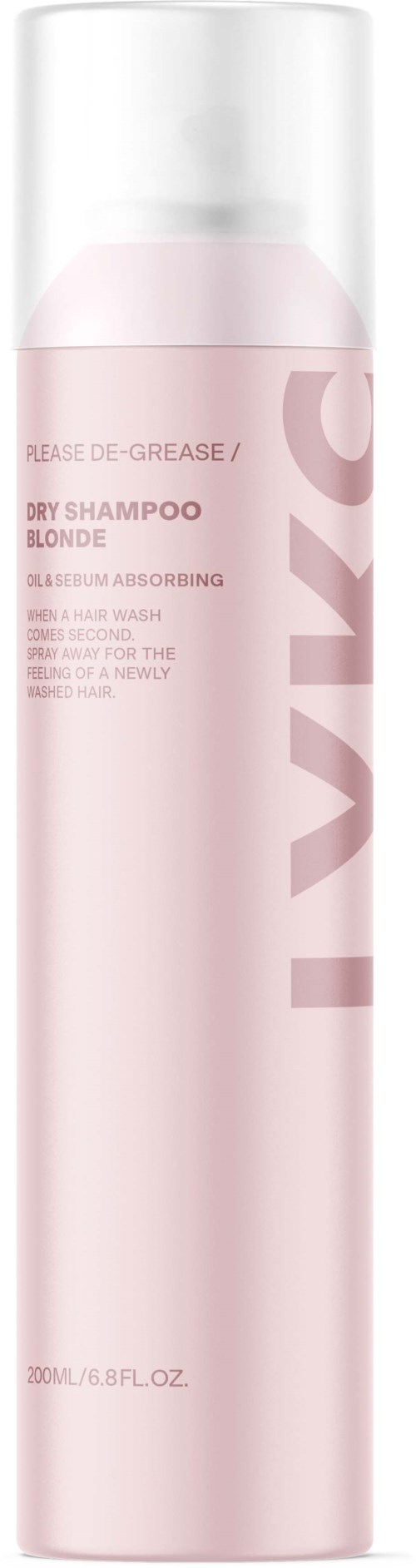 Een lange roze fles droogshampoo voor blond haar met een witte dop en tekst op de voorkant.