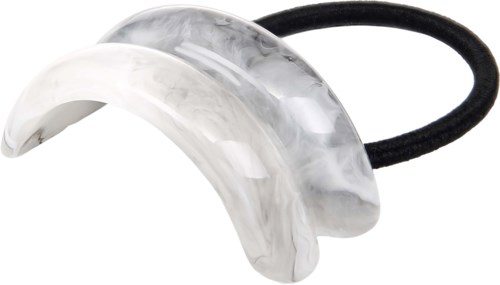 A white and gray marble hairpin with a black elastic band.